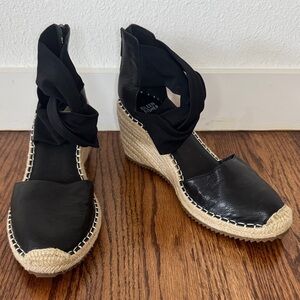 Eileen Fisher Black Leather Espadrille Wedges Wallis Espadrille Wedge, Sz 10